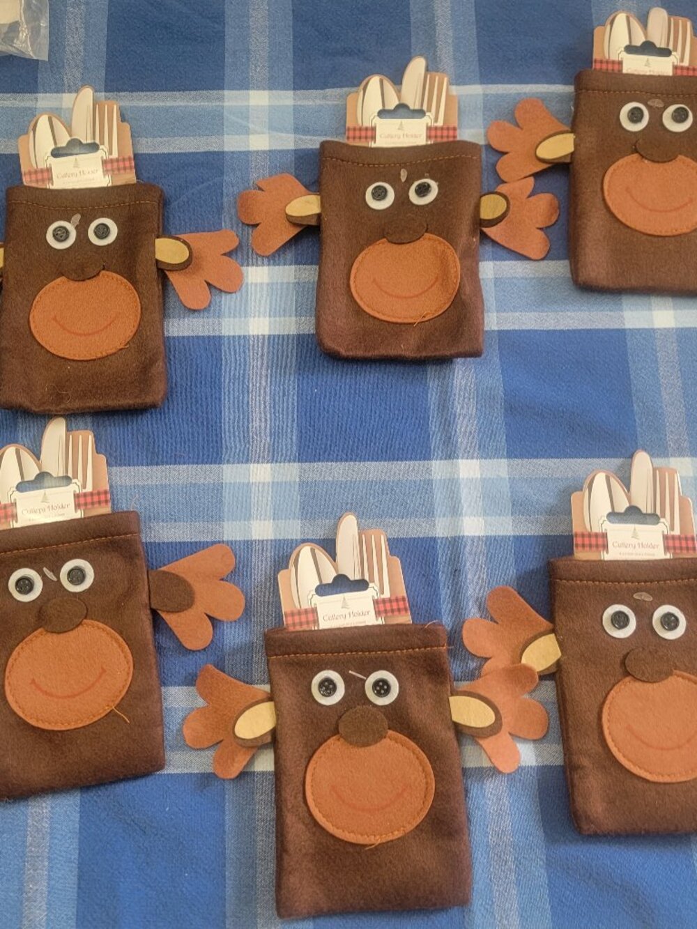 Set of 6 Christmas Reindeer Cutlery Silverware Holders Bag Kitchen Cutlery Brown